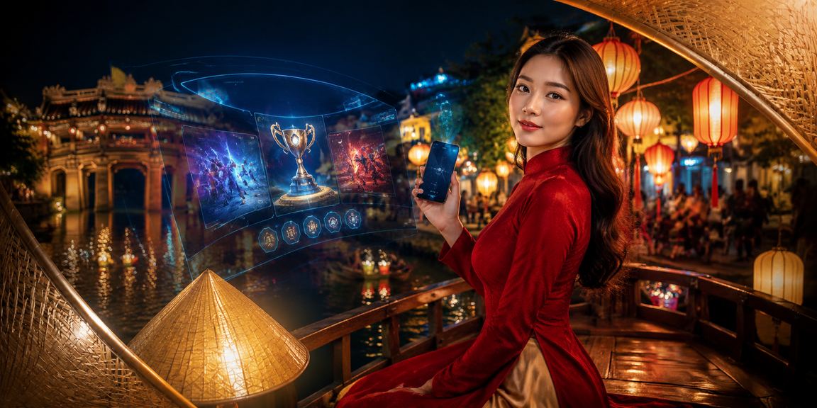 Người dùng Hội An theo dõi kèo esports mặc áo dài bên laptop